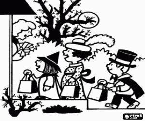 Children and the neighbor on Halloween coloring page