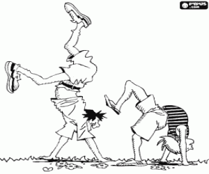 Children performing a handstand coloring page