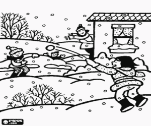 Children playing a snow fight coloring page