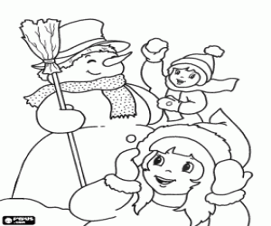 Children playing with a snowman coloring page