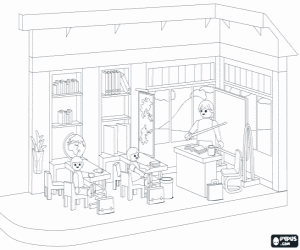 Children in a Playmobil classroom coloring page