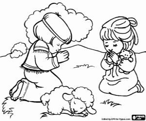 Children praying with a little lamb coloring page