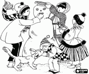 Children, puppy and snowman coloring page