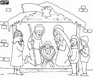 Children and realistic nativity scene coloring page