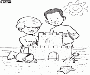 Children and the sand castle coloring page
