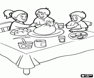 Children sitting at the dining table coloring page