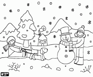 Children and the snow, winter scene coloring page