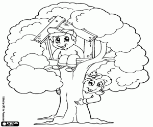 Children in the tree house coloring page