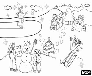 Children in a winter landscape coloring page