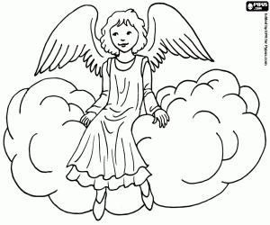 Christmas angel sits on a cloud coloring page