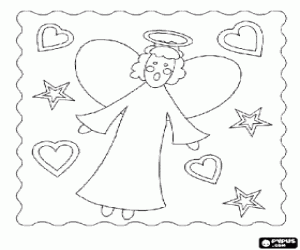 Christmas angel, stars and hearts coloring page