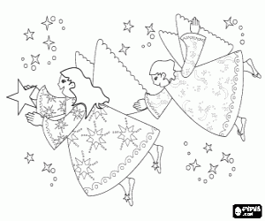 Christmas angels and the stars coloring page
