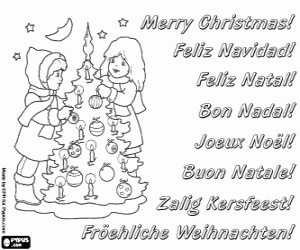 Christmas card with children and fir coloring page