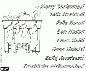 Christmas card with a fireplace coloring page