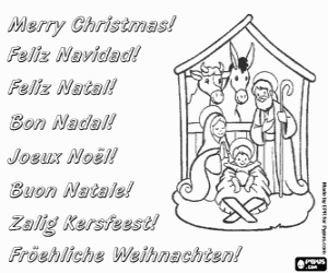 Christmas card with Nativity scene coloring page