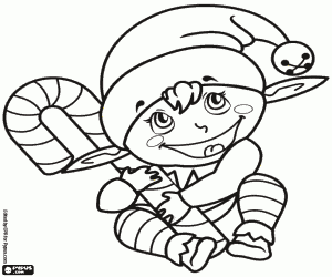 Christmas Elf and Candy Cane coloring page