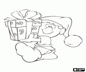 A Christmas Elf and a gift coloring page