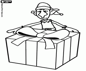 Christmas Elf and a large box coloring page