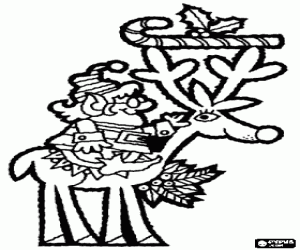 Christmas elf riding a reindeer coloring page