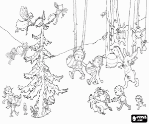 Christmas elves decorate the tree coloring page