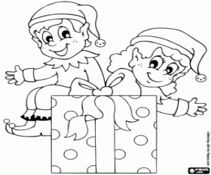Christmas elves with a gift coloring page