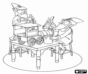 Christmas elves and toy train coloring page