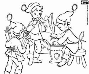 Christmas elves at work coloring page