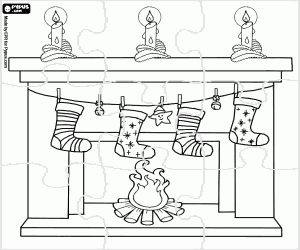 A Christmas fireplace puzzle coloring page