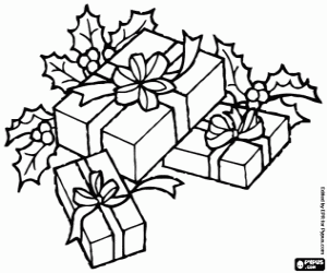 Christmas gifts decorated with holly coloring page
