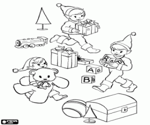 Christmas gifts nd Santa Claus Elves coloring page