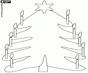 Christmas tree, candles and a star coloring page