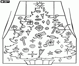 Christmas tree in front a window coloring page
