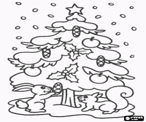 Christmas tree, rabbit and squirrel coloring page