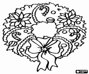 Christmas wreath, flowers and sweets coloring page
