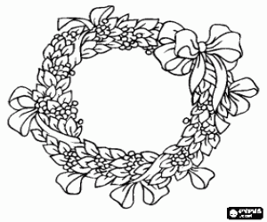 Christmas wreath, leaves and ribbons coloring page