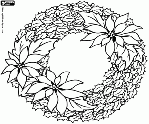 Christmas wreath with poinsettias coloring page