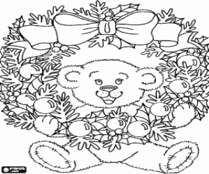 Christmas wreath and Teddy bear coloring page