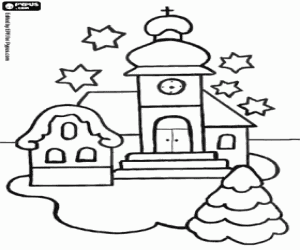 A church and a Christmas tree coloring page