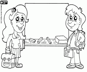 Classroom blackboard, two students coloring page