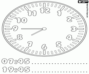 Clock at a quarter to eight coloring page