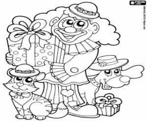 A clown with animals and gifts coloring page
