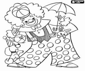 A clown with a dog and a rabbit coloring page