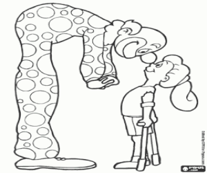 A clown and a girl with crutches coloring page