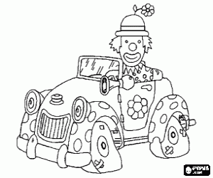 A clown in an old car coloring page