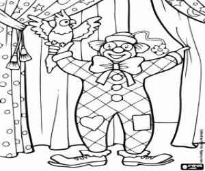 Clown and parrot on the stage coloring page