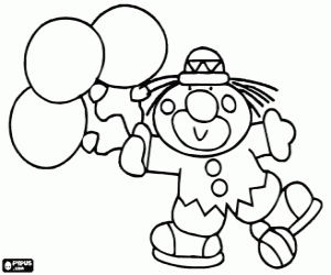 Clown with three balloons in hand coloring page