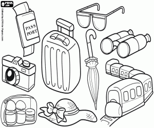 Collection of drawings on travel coloring page