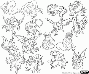 Collection of mythical creatures coloring page