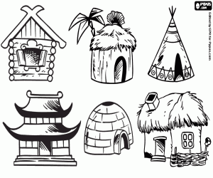 Collection of six typical houses coloring page