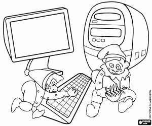 A computer and Santa Claus Elves coloring page